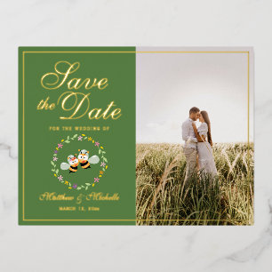 Invitación Postal Con Relieve Metalizado Pareja Meant To Bee Foto De Boda Save The Date