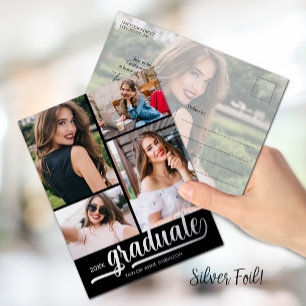 Invitación Postal Con Relieve Metalizado Partido de Graduación Multifotografía