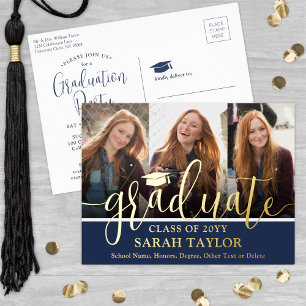 Invitación Postal Con Relieve Metalizado Partido de Graduación Navy Blue 3 Foto Guión moder