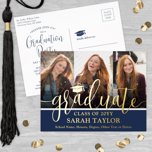 Invitación Postal Con Relieve Metalizado Partido de Graduación Navy Blue 3 Foto Guión moder (Subido por el creador)