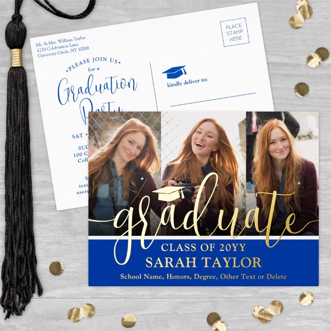 Invitación Postal Con Relieve Metalizado Partido de Graduación Royal Blue 3 Foto Guión mode (Subido por el creador)