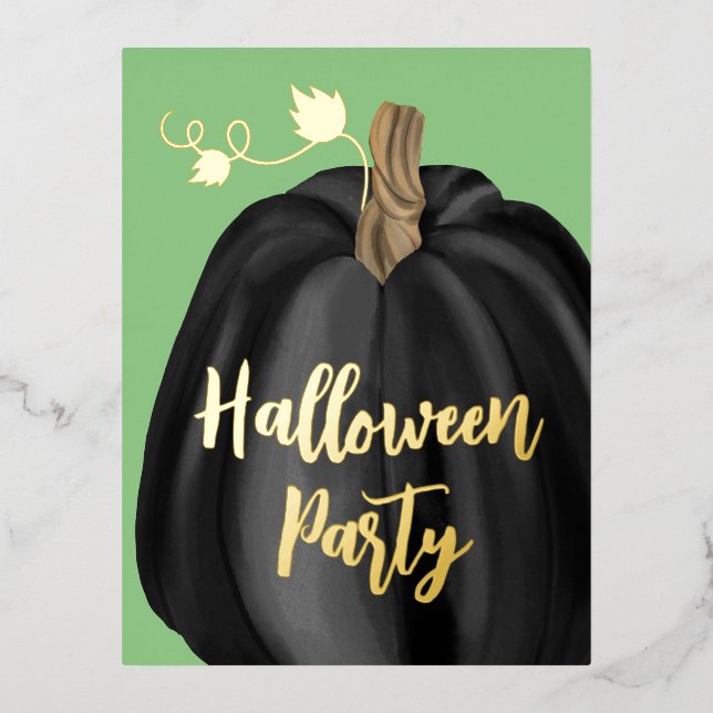 Invitación Postal Con Relieve Metalizado Partido Halloween de la Calabaza con Guión Dorado  (Anverso)