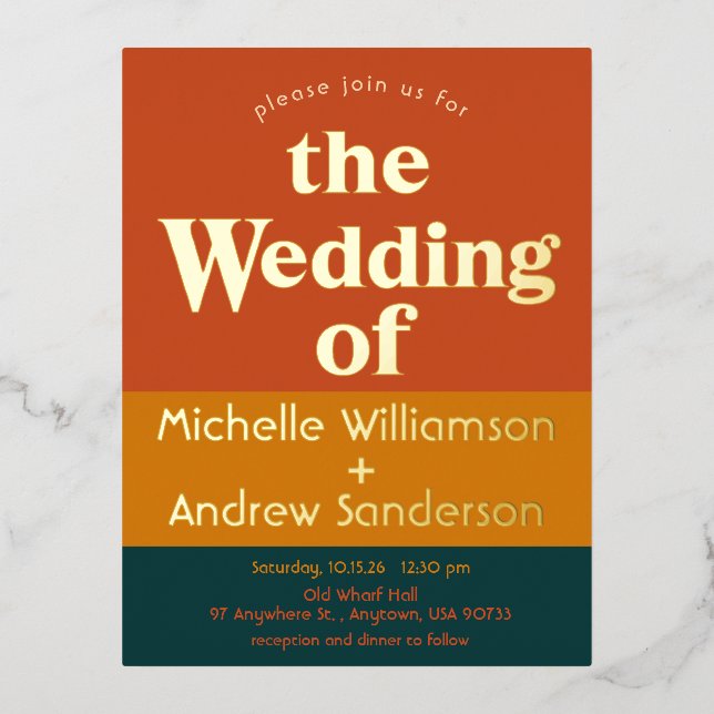 Invitación Postal Con Relieve Metalizado Pavo Real Naranja Moderno Retro (Anverso)