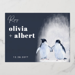 Invitación Postal Con Relieve Metalizado Penguins Silver Winter Elegant Modern Wedding RSVP