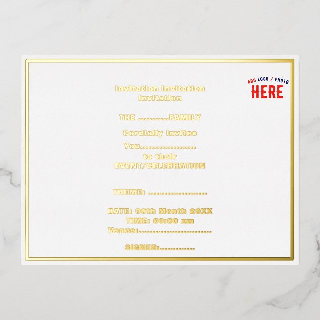 INVITACIÓN POSTAL CON RELIEVE METALIZADO PERSONALIZABLE MODERNO ESTILO BLANCO VERIFICADO MA (Anverso)