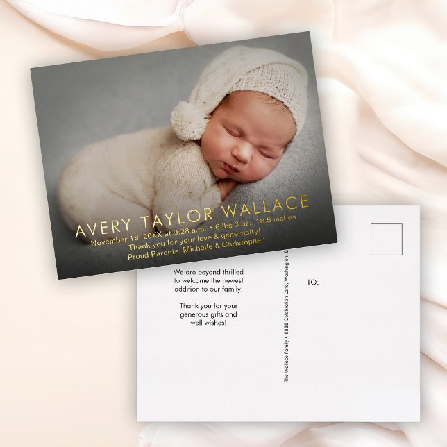 Invitación Postal Con Relieve Metalizado Personalizado moderno simple Baby Shower Photo gra (Birth stats baby photo birth announcement thank you postcards)