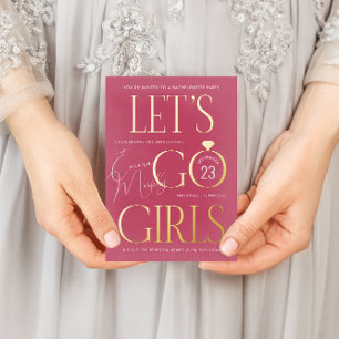 Invitación Postal Con Relieve Metalizado Pink Lets Go Chicas Bachelorette Party