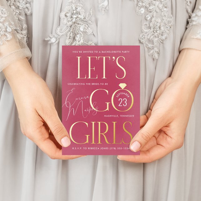 Invitación Postal Con Relieve Metalizado Pink Lets Go Chicas Bachelorette Party (Pink and gold foil Let's Go Girls country western bachelorette party invitation)