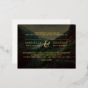 Invitación Postal Con Relieve Metalizado Pinos románticos, montañas y Boda de lagos