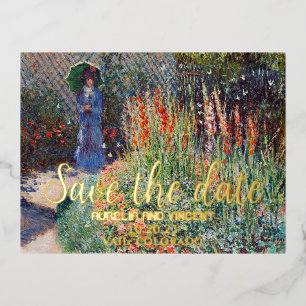 Invitación Postal Con Relieve Metalizado Pintura del macizo de flores de Claude Monet para 
