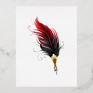 Invitación Postal Con Relieve Metalizado Pluma de plumas rojas con nido de oro