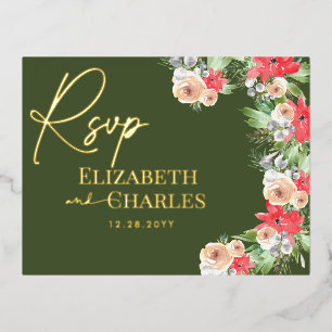 Invitación Postal Con Relieve Metalizado Poinsettia Verduras Navidad RSVP