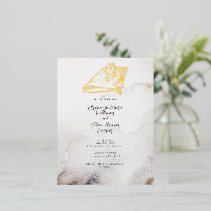 Invitación Postal Con Relieve Metalizado Presupuesto Playa de Arena con Conchas Simples