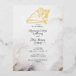 Invitación Postal Con Relieve Metalizado Presupuesto Playa de Arena Simple Concha