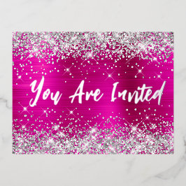 Invitación Postal Con Relieve Metalizado Purpurina de Plata Glam Hot Pink 21st Birthday