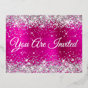 Invitación Postal Con Relieve Metalizado Purpurina plateado y Glam Quinceañera rosa calient