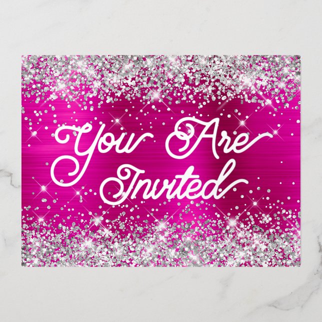 Invitación Postal Con Relieve Metalizado Purpurina plateado y glam rosa caliente cumpleaños (Anverso)