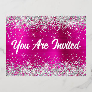 Invitación Postal Con Relieve Metalizado Purpurina plateado y glam rosa caliente cumpleaños