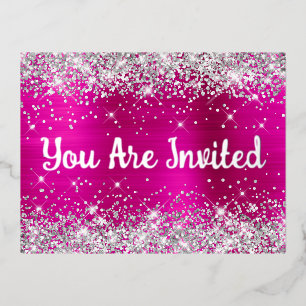 Invitación Postal Con Relieve Metalizado Purpurina plateado y glam rosa caliente cumpleaños