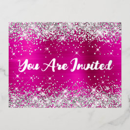 Invitación Postal Con Relieve Metalizado Purpurina plateado y glam rosa caliente cumpleaños