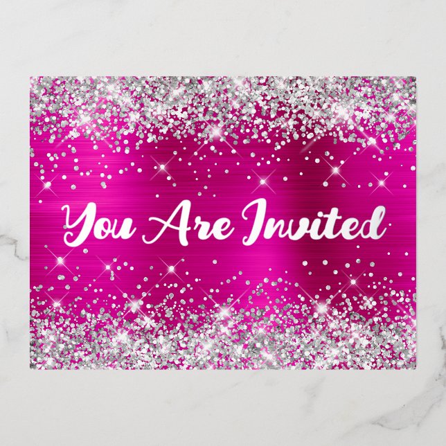 Invitación Postal Con Relieve Metalizado Purpurina plateado y glam rosa caliente cumpleaños (Anverso)