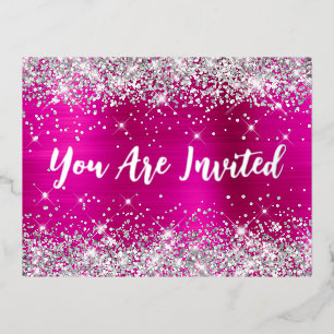 Invitación Postal Con Relieve Metalizado Purpurina plateado y glam rosado caliente 70 cumpl