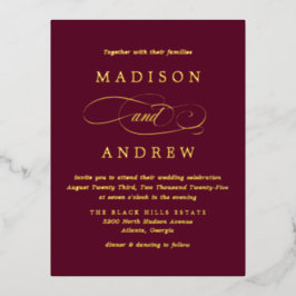 Invitación Postal Con Relieve Metalizado Querida boda de Borgoña y oro