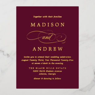 Invitación Postal Con Relieve Metalizado Querida boda de Borgoña y oro