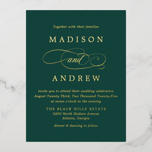 Invitación Postal Con Relieve Metalizado Querido verde esmeralda y Boda del oro (Anverso)