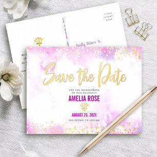 Invitación Postal Con Relieve Metalizado Quinceañera Guardar Fecha Rosa Acuarela Oro Real
