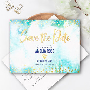 Invitación Postal Con Relieve Metalizado Quinceañera Salva Fecha Corona Turquesa Oro Real
