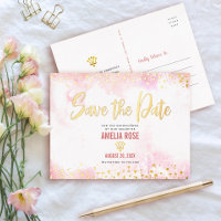 Quinceañera Save Date Crown Rubor Pink Real Gold