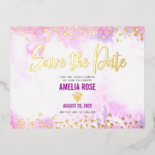 Invitación Postal Con Relieve Metalizado Quinceañera Save Date Pink Watercolor Real Gold