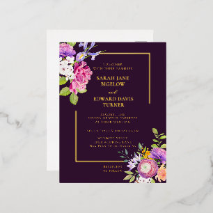 Invitación Postal Con Relieve Metalizado Ranunculus Floral Púrpura de Berenjena