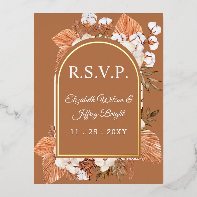 Invitación Postal Con Relieve Metalizado Rastic Terracotta Boho Pampas Arched RSVP (Anverso)