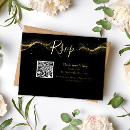 Invitación Postal Con Relieve Metalizado Real boda negro y dorado código Qr rsvp