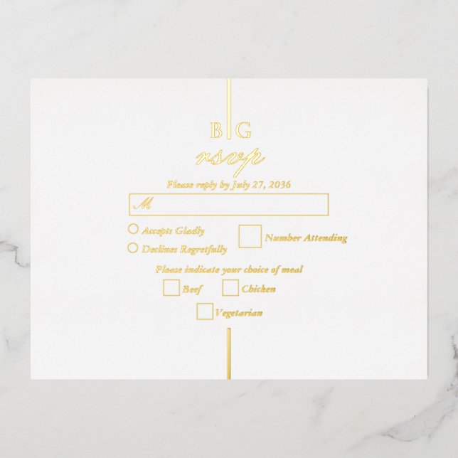 Invitación Postal Con Relieve Metalizado Real Relieve metalizado dorado Boda Monograma RSVP (Anverso)