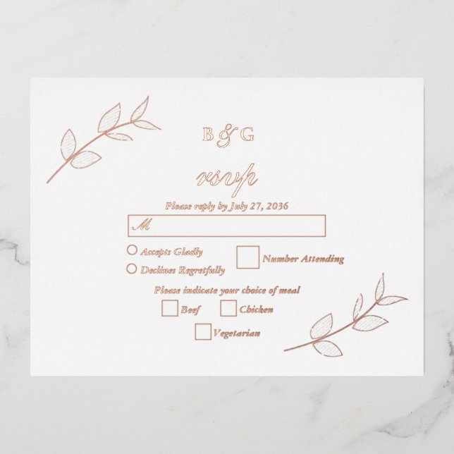 Invitación Postal Con Relieve Metalizado Real Relieve metalizado dorado Rosa deja elegante  (Anverso)