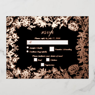 Invitación Postal Con Relieve Metalizado Real Rosa Floral Boda Negra RSVP