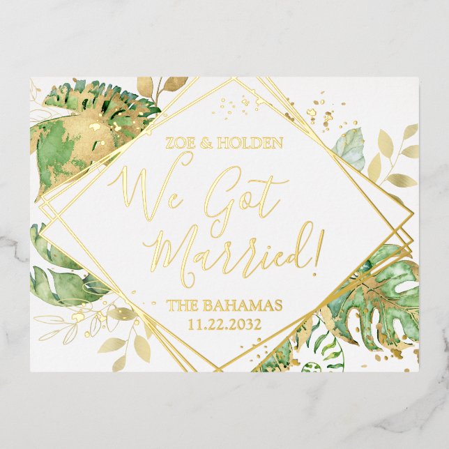 Invitación Postal Con Relieve Metalizado Recepción de Boda Fugitiva Tropical Moderna Nos Ca (Anverso)
