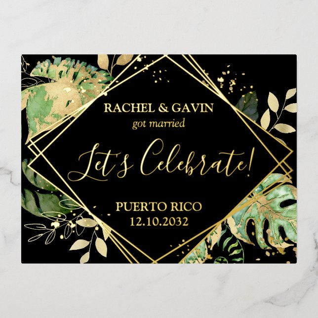 Invitación Postal Con Relieve Metalizado Recepción de Elopamiento de Boda Tropical Negra Mo (Anverso)