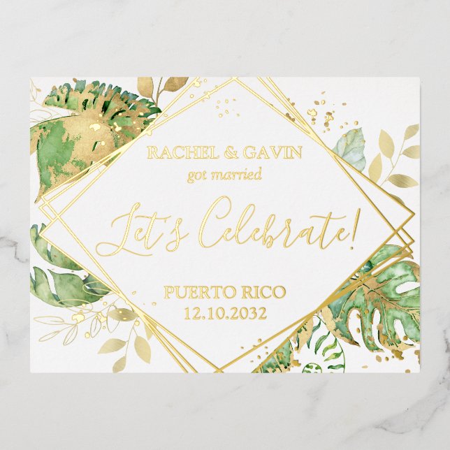 Invitación Postal Con Relieve Metalizado Recepción moderna de boda tropical con escapada (Anverso)
