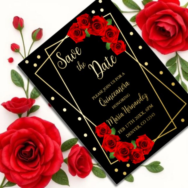 Invitación Postal Con Relieve Metalizado Red Rose Black and Gold Quinceañera Save The Date (Subido por el creador)