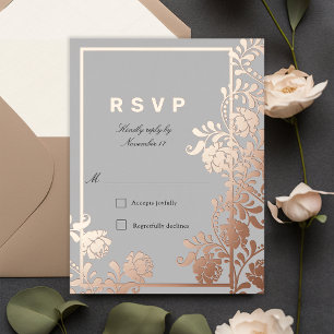 Invitación Postal Con Relieve Metalizado Regal Rosa Flores de oro Boda gris RSVP