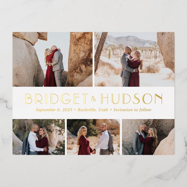 Invitación Postal Con Relieve Metalizado Relieve metalizado De Luxe Collage Guardar La Post (Anverso)