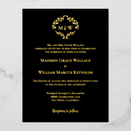 Invitación Postal Con Relieve Metalizado Relieve metalizado dorado formal Monograma negro B