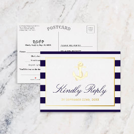 Invitación Postal Con Relieve Metalizado Respuesta real de boda de ancla náutica