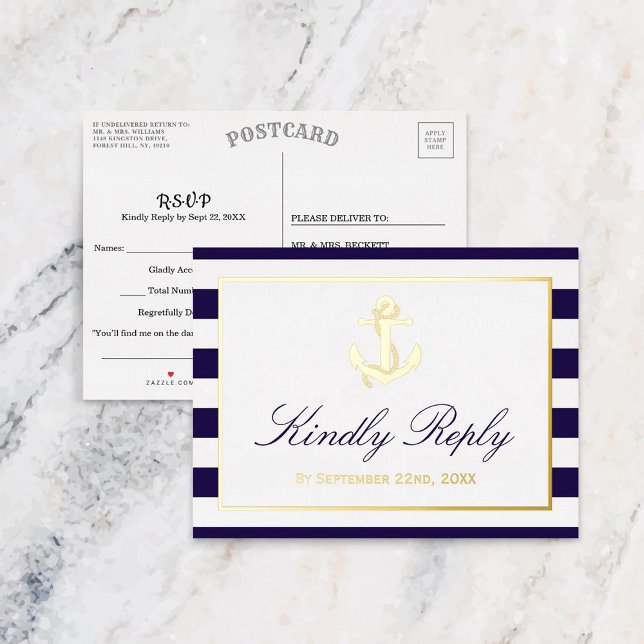 Invitación Postal Con Relieve Metalizado Respuesta real de boda de ancla náutica (Subido por el creador)