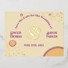 Invitación Postal Con Relieve Metalizado Retro 70 Círculo Boda púrpura Salvar la fecha