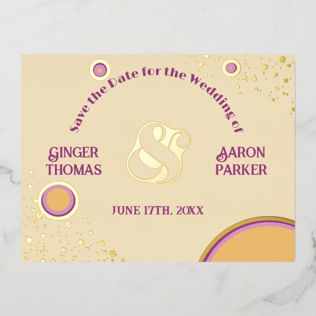 Invitación Postal Con Relieve Metalizado Retro 70 Círculo Boda púrpura Salvar la fecha (Anverso)